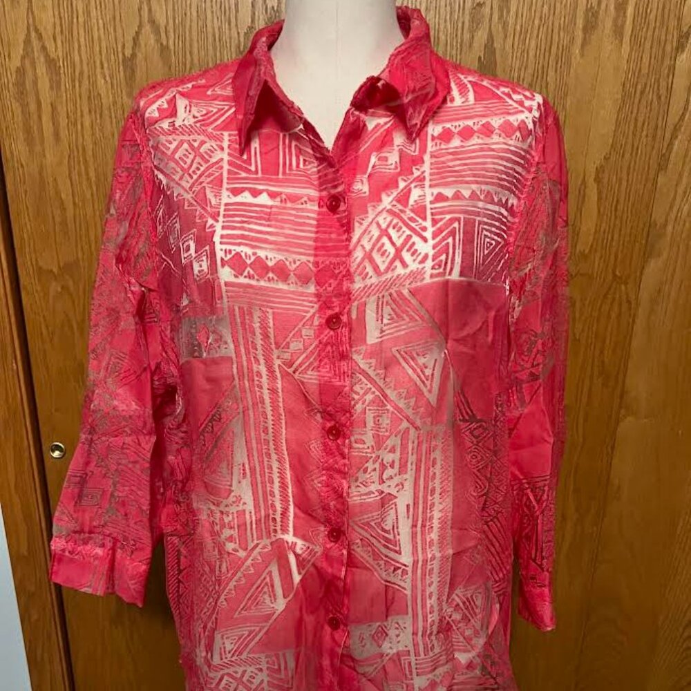 Alfred Dunner Sheer Blouse (Coral/Red Tone) / 3/4 Sleeve / Size 18